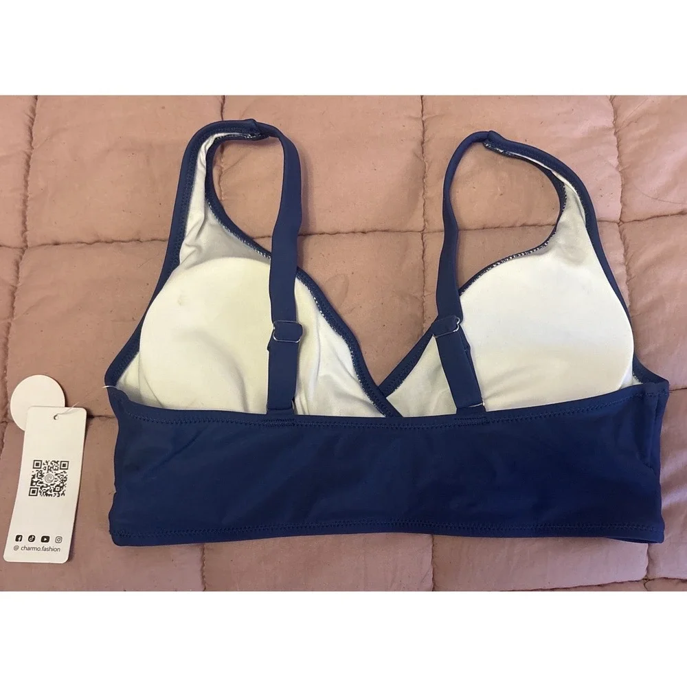 NEW Charmo Blue Bikini Top Women's‎ Medium V-Neck Swim Top Adjustable Straps